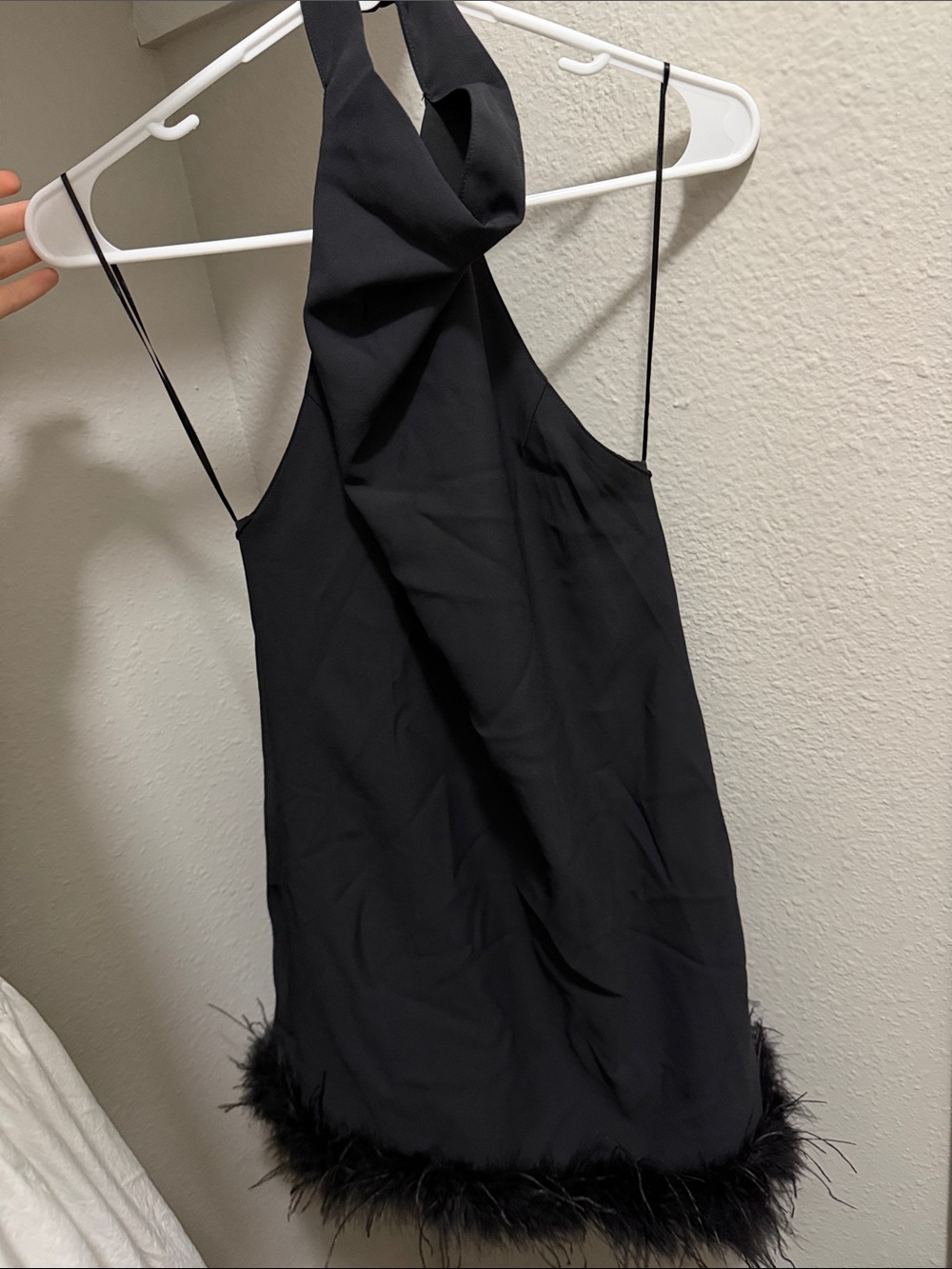Black Feather-Hem Halter Mini Dress